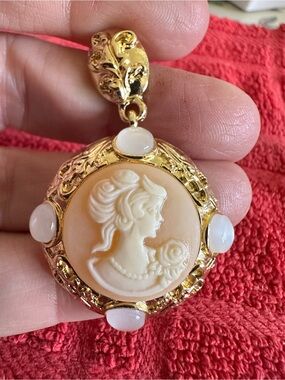 Gold-Tone Peach Cameo Pendant earrings with White Accents